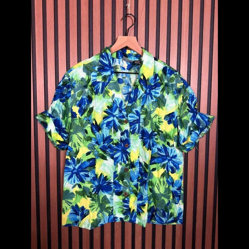 Chicos Top 3 / Large Womens Blue Green Floral Short Sleeve 100% Linen Aloha
